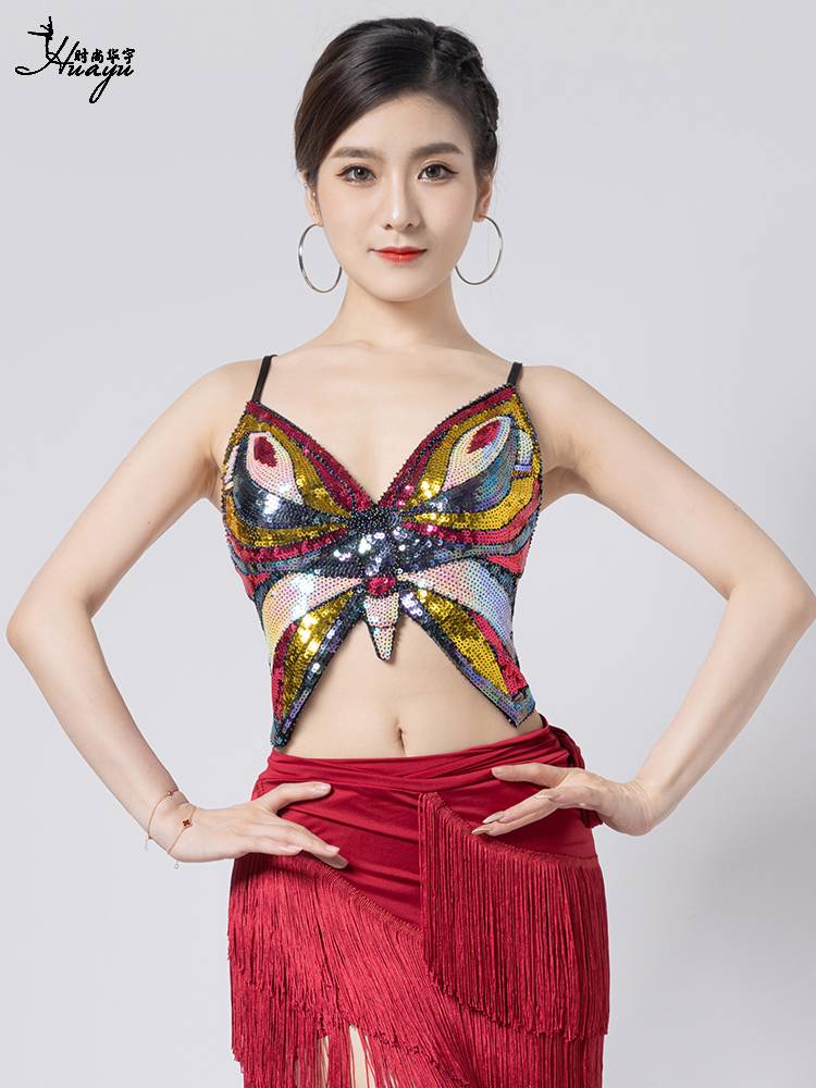 Indian dance clothing female belly dance new sexy beads butterfly brap dance performance shirt