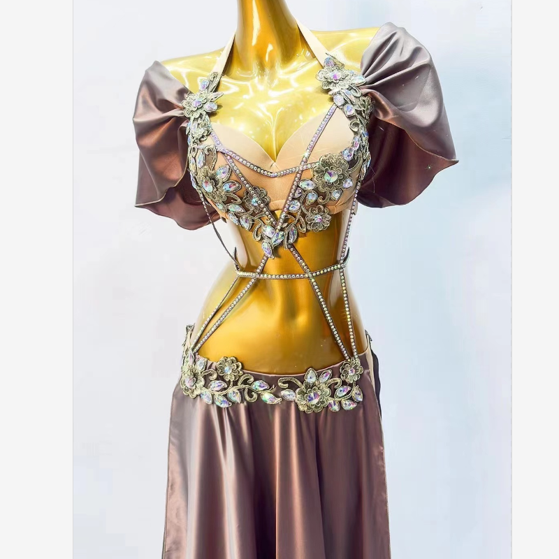 Dance posture belly dance table performance clothing female 2024 diamond chest long skirt set light coffee performance service 3133