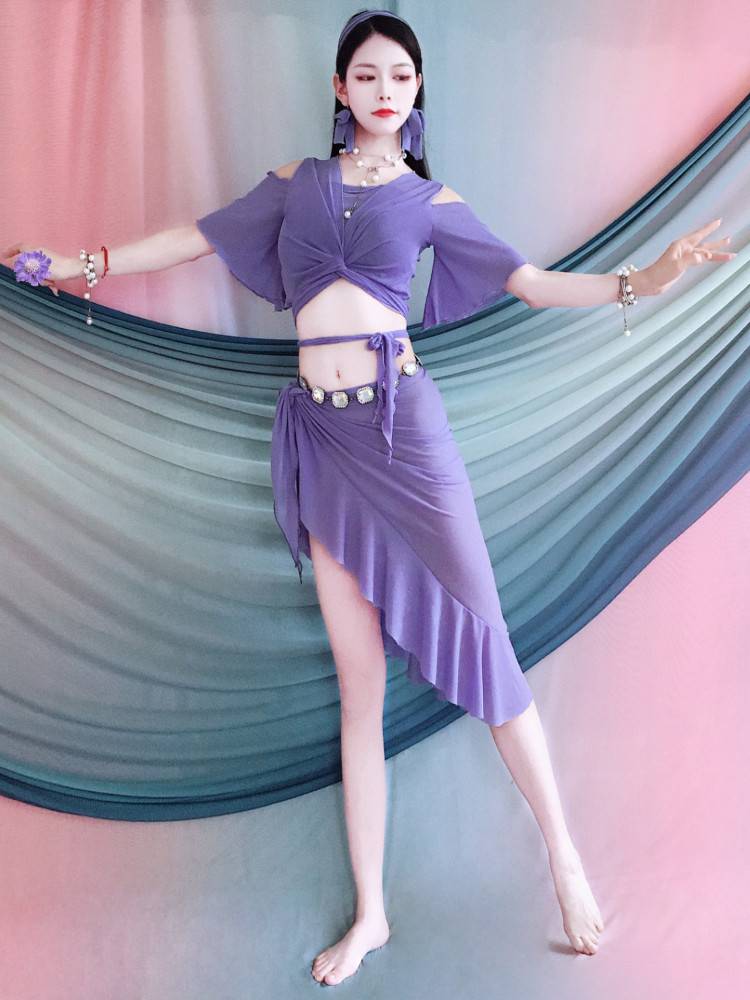 Belly dance clothing female 2024 spring new short -sleeved exercise suit sleeve slim thin lotus leaf skirt