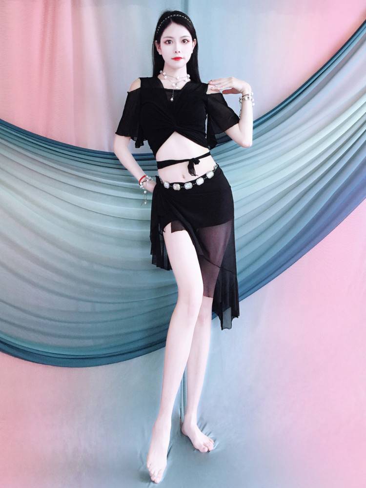 Belly dance clothing female 2024 spring new short -sleeved exercise suit sleeve slim thin lotus leaf skirt