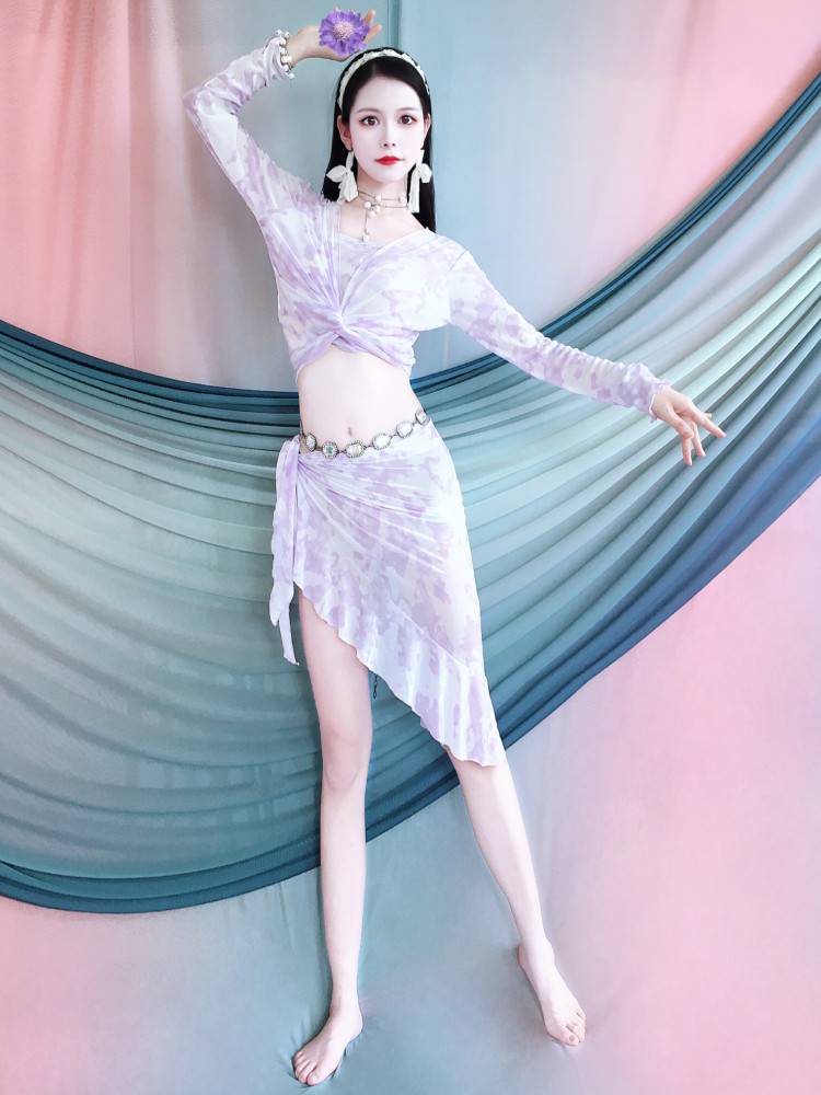 Belly dance clothing female 2024 spring new short -sleeved exercise suit sleeve slim thin lotus leaf skirt