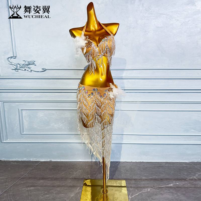 Dance posture 2024 new belly dance drum performance clothes Oriental dance exercise suit set apricot women wzy088