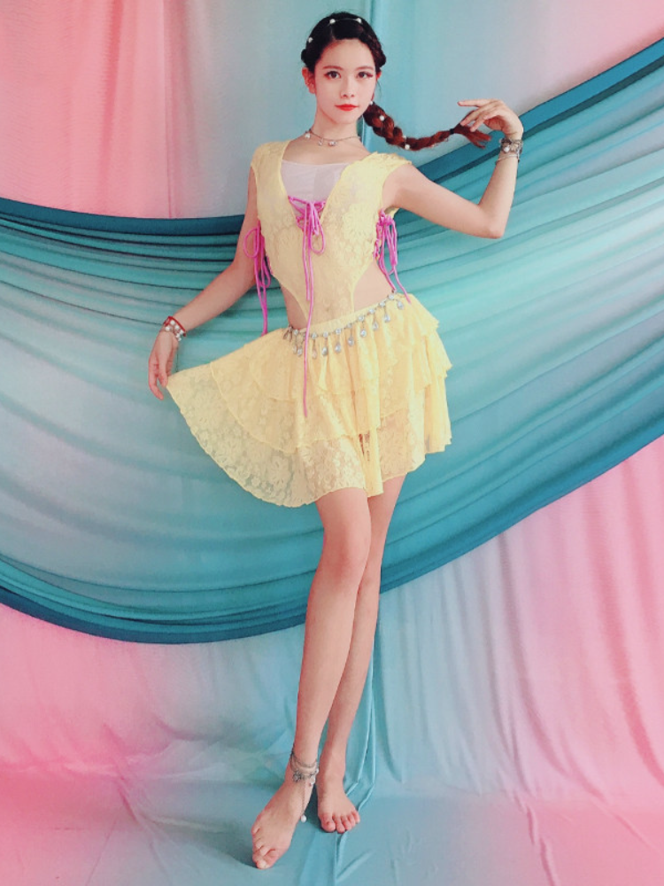 Baiya Qianhui Belly Dance 2024 Spring / Summer New Lace Set Performance Server Dew waist dance practice service