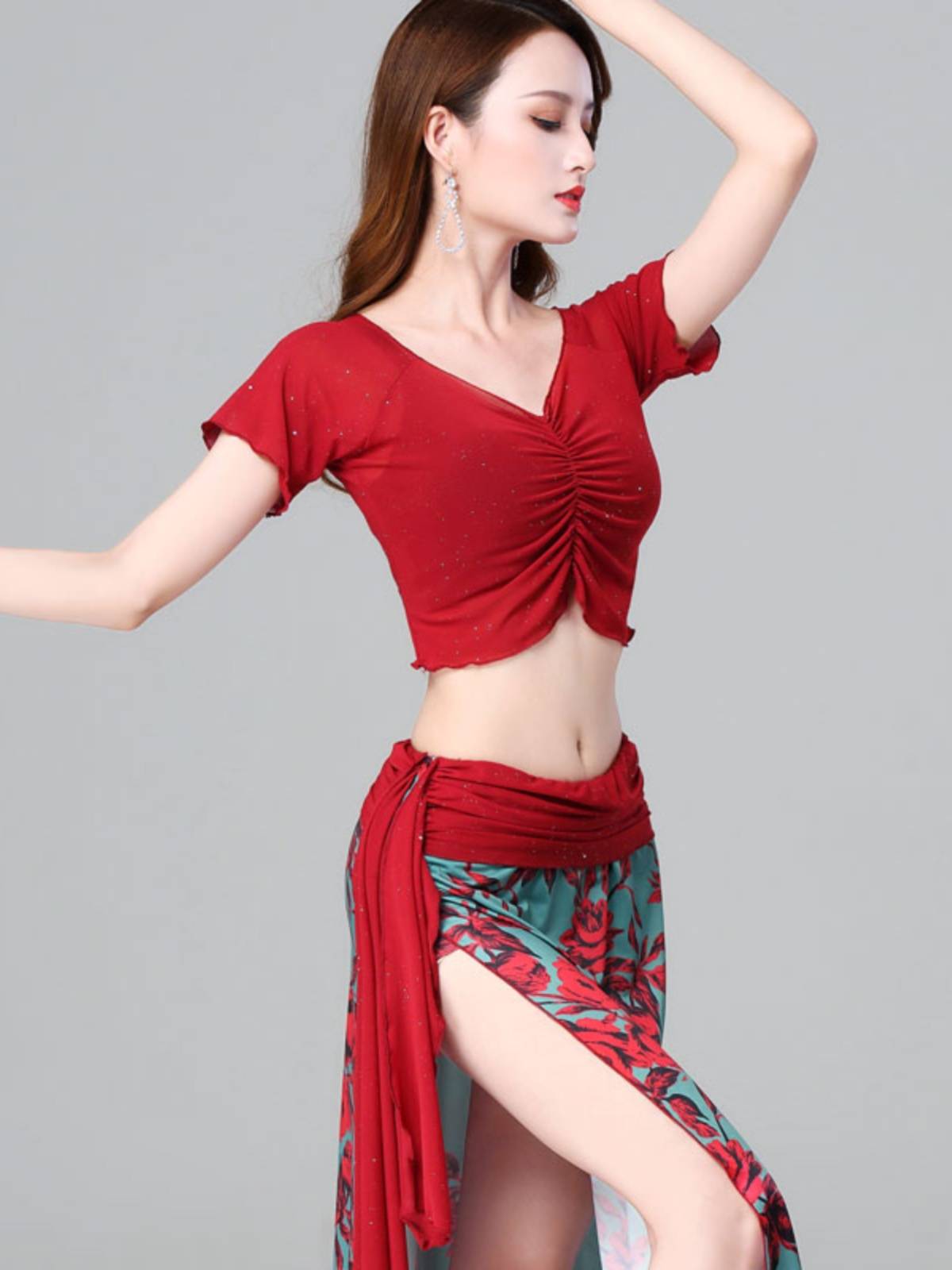Belly dance practice uniform slit long skirt sexy V -neck exposed belly short -sleeved oriental dance performance service spring and summer