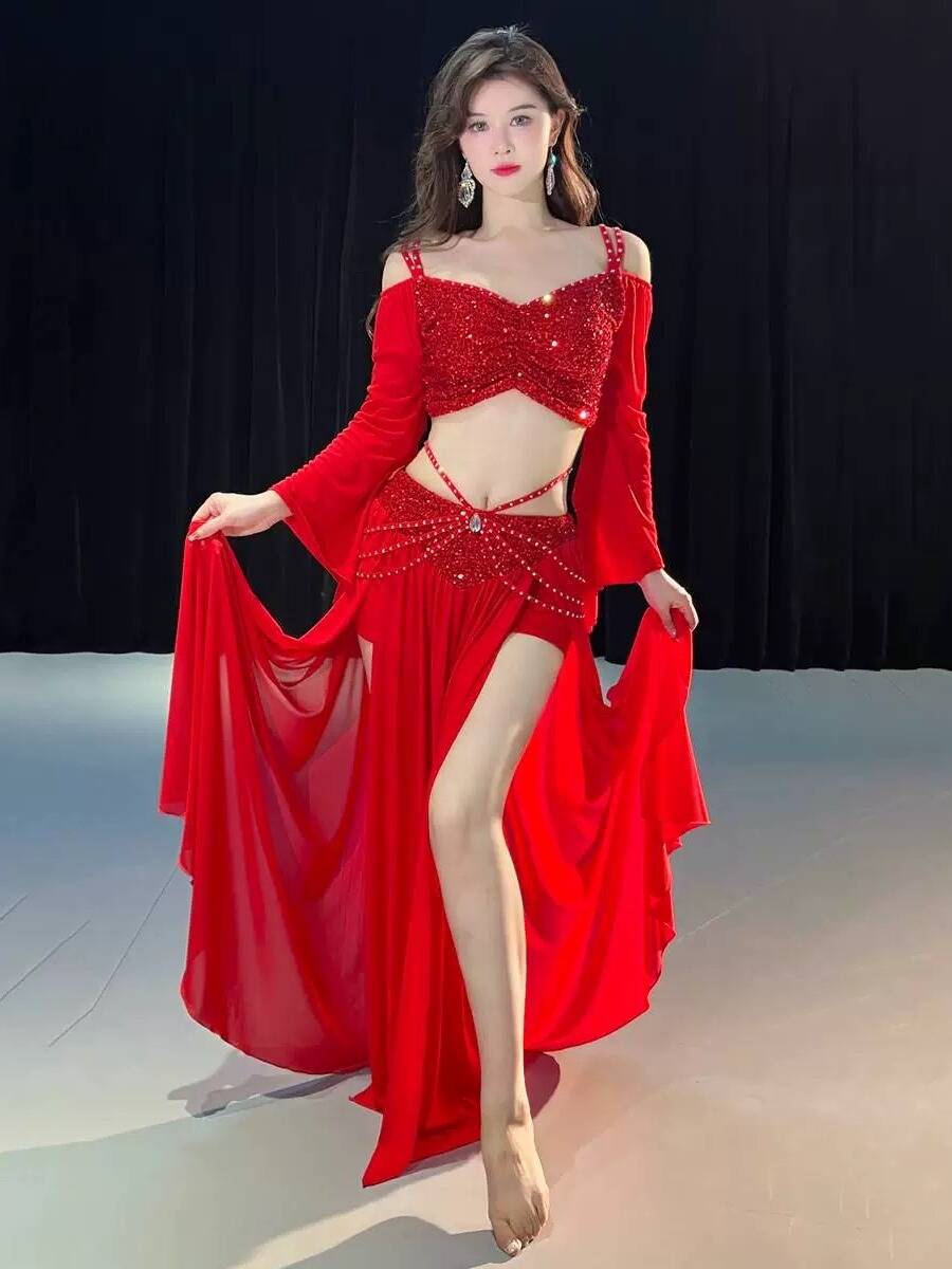 2024 new original niche design belly dance clothing sequins spring net yarn oriental dance exercise set suit suit