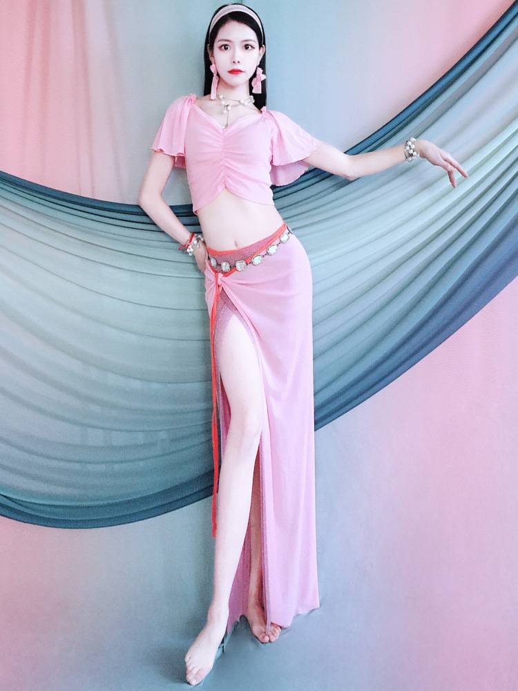 Belly Dance Practice Service Pink lotus leaf sleeves Top color hip hipline scarf oriental dance exercise service summer children's performance service