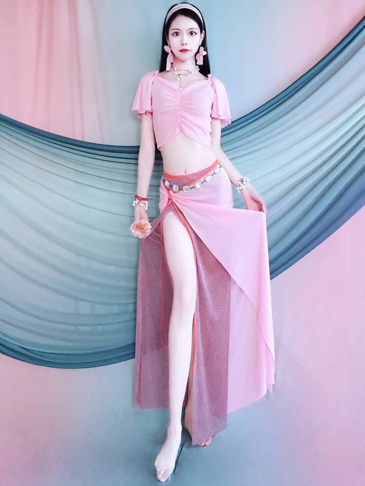 Belly Dance Practice Service Pink lotus leaf sleeves Top color hip hipline scarf oriental dance exercise service summer children's performance service