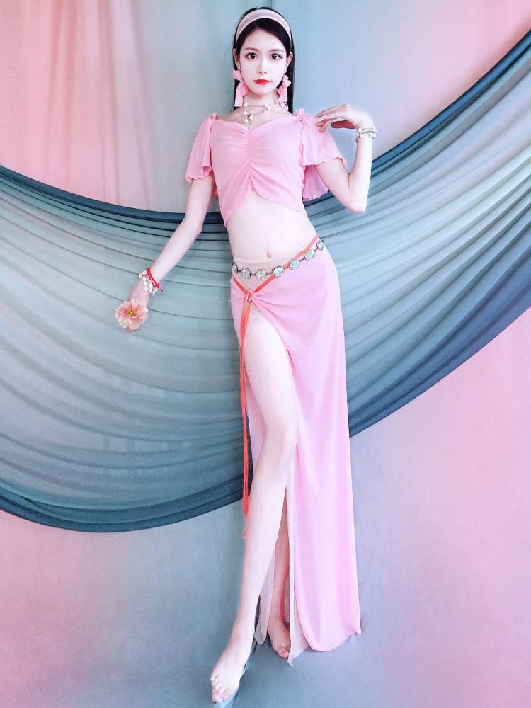 Belly Dance Practice Service Pink lotus leaf sleeves Top color hip hipline scarf oriental dance exercise service summer children's performance service