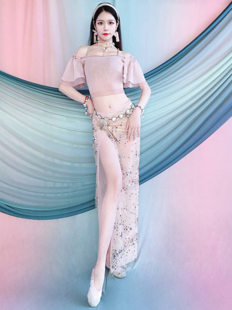 Jianxin Huimei new belly dance service summer practice service fairy color bead embroidery hip hipline set set Oriental dance