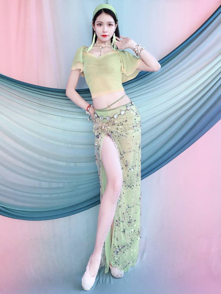 Jianxin Huimei new belly dance service summer practice service fairy color bead embroidery hip hipline set set Oriental dance