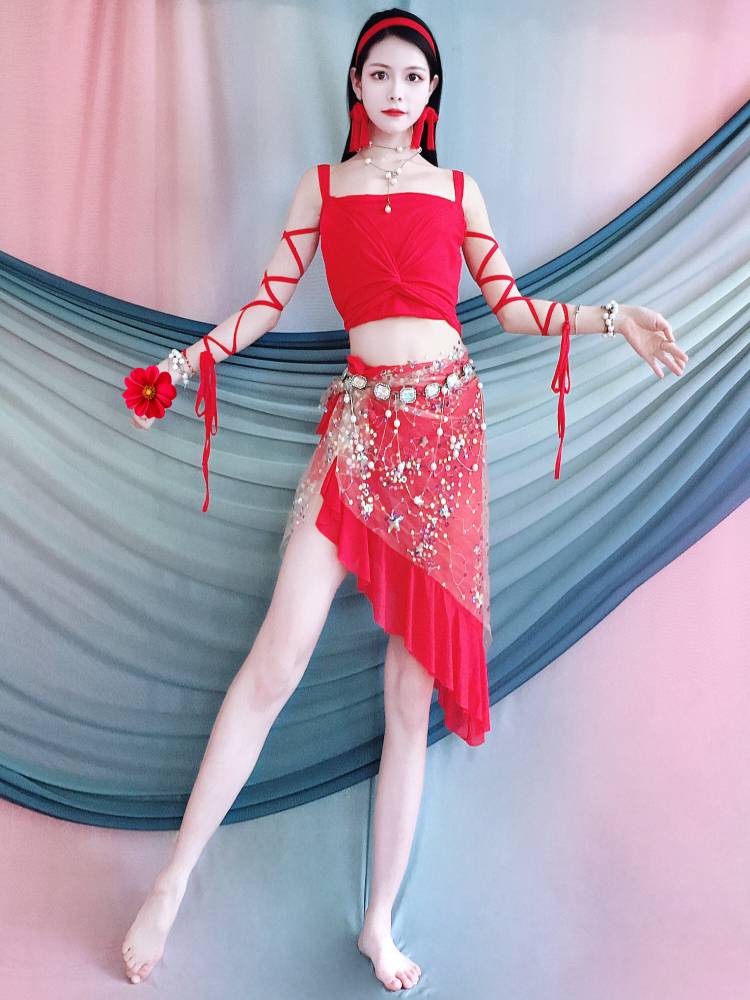 2024 Summer belly dance pink printed bead embroidery performance dance service children's performance service multi -color suit group service