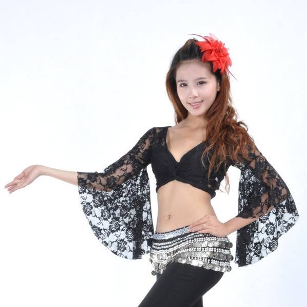 Plaza dance clothing on the belly dance top with horn sleeve practice shawl lace long sleeves multi -color