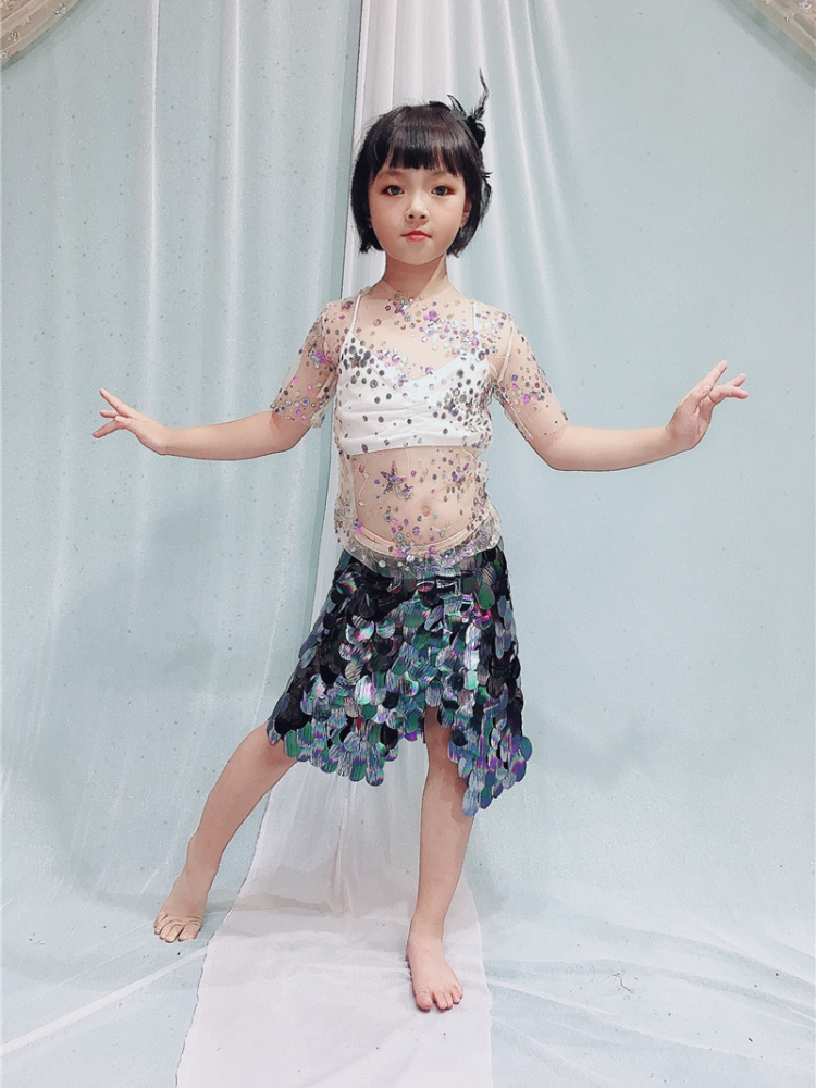 Belly Dance Children's Performance Service 2024 Summer New Heavy Gongwu Driber Film Sequenant Mermaid Skirt Set