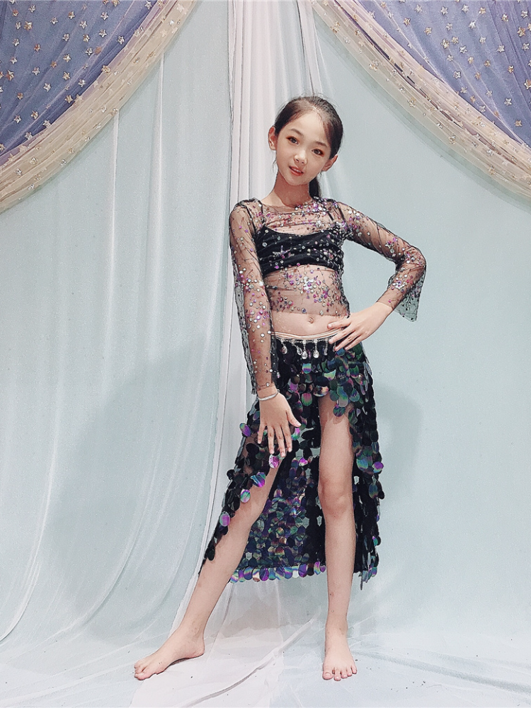 Belly Dance Children's Performance Service 2024 Summer New Heavy Gongwu Driber Film Sequenant Mermaid Skirt Set