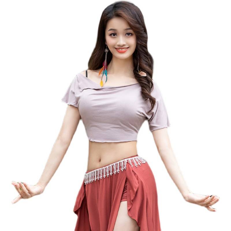 Belly dance sexy loose Modal cotton shirt Oriental dance summer autumn exercises short sleeves upper women large size versatile