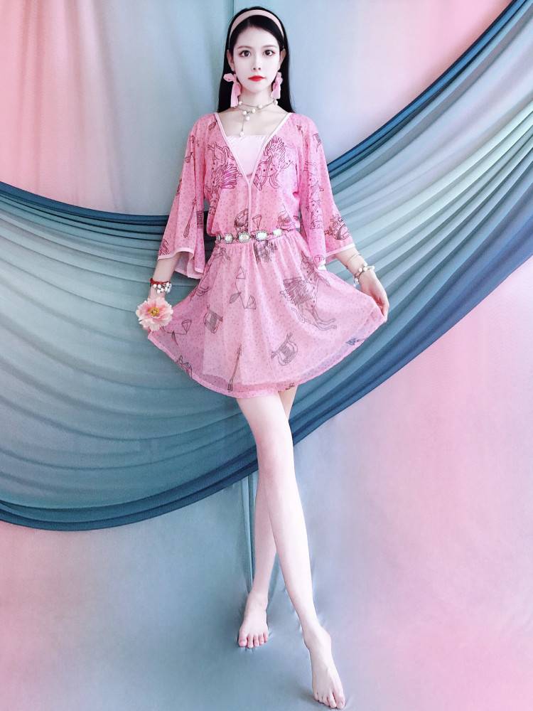 Belly Dance Clothing Female Practice Service 2024 New Deep V Printing Flee Sleeve Set Oriental Dance Church Spring and Summer