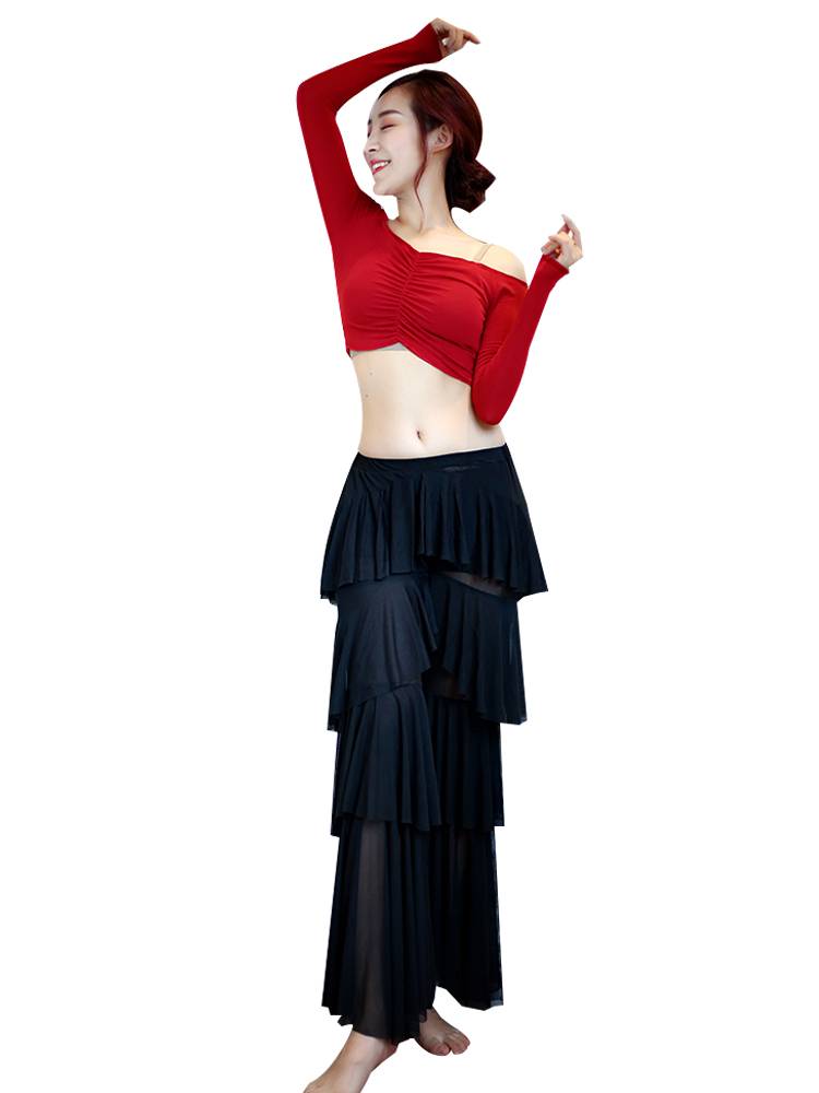 Belly dance clothes pants practice service spring and summer new Oriental dance elastic breathable water gauze red top performance service