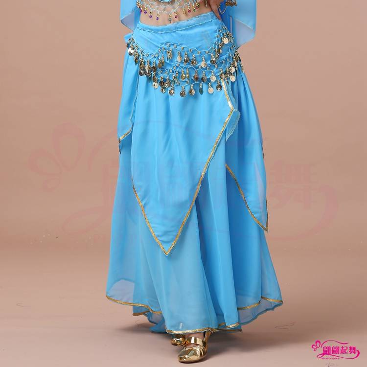 The new Indian dance performance shows clothing Xinjiang dance big skirt belly dance skirt chiffon practice gold border four skirts