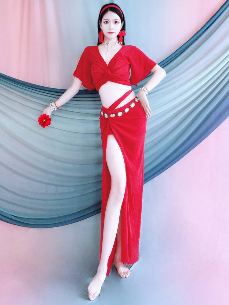Belly dance service new red lotus leaf cuff belt set drilling service uniform fairy oriental dance performance service group service children