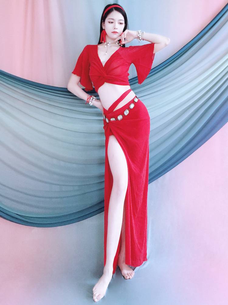 Belly dance service new red lotus leaf cuff belt set drilling service uniform fairy oriental dance performance service group service children