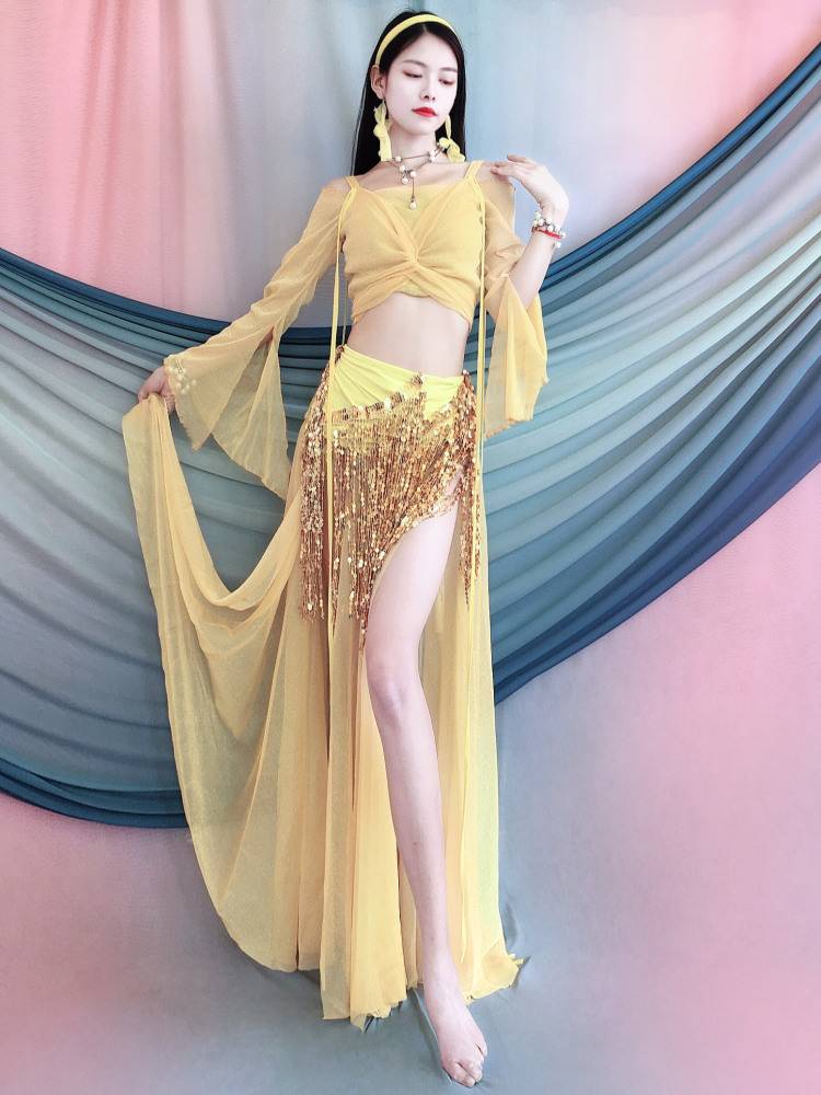 New belly dance clothing 2024 Summer new simple elegant net gauze oriental dance performance training group clothing