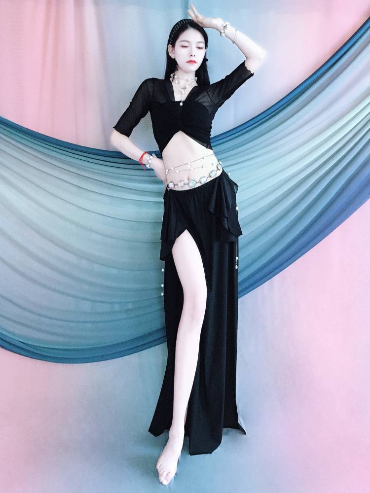 Belly Dance exercise service 2024 spring and summer new black strap long skirt set dance performance service children