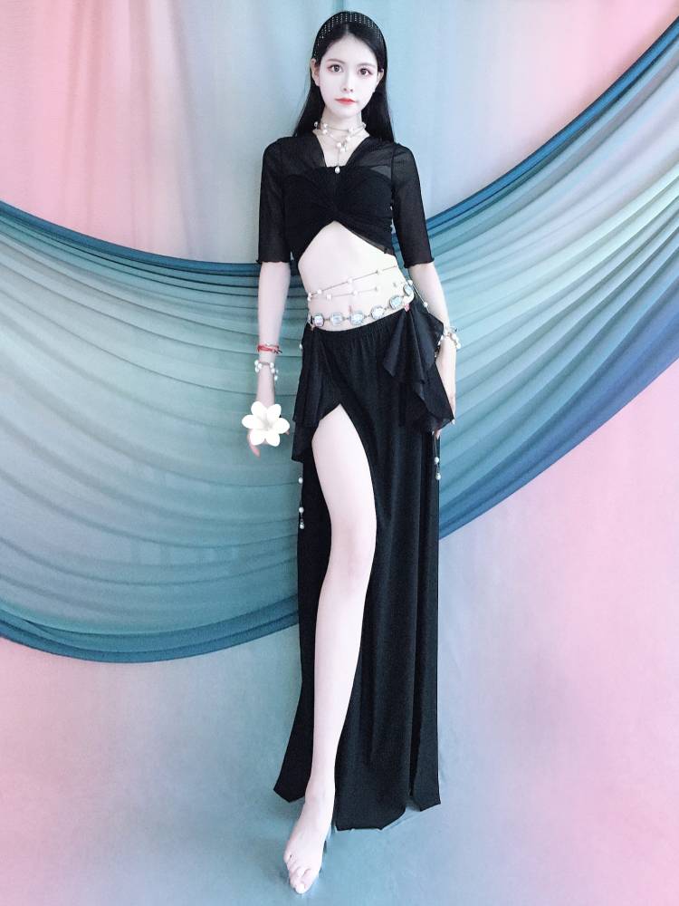 Belly Dance exercise service 2024 spring and summer new black strap long skirt set dance performance service children