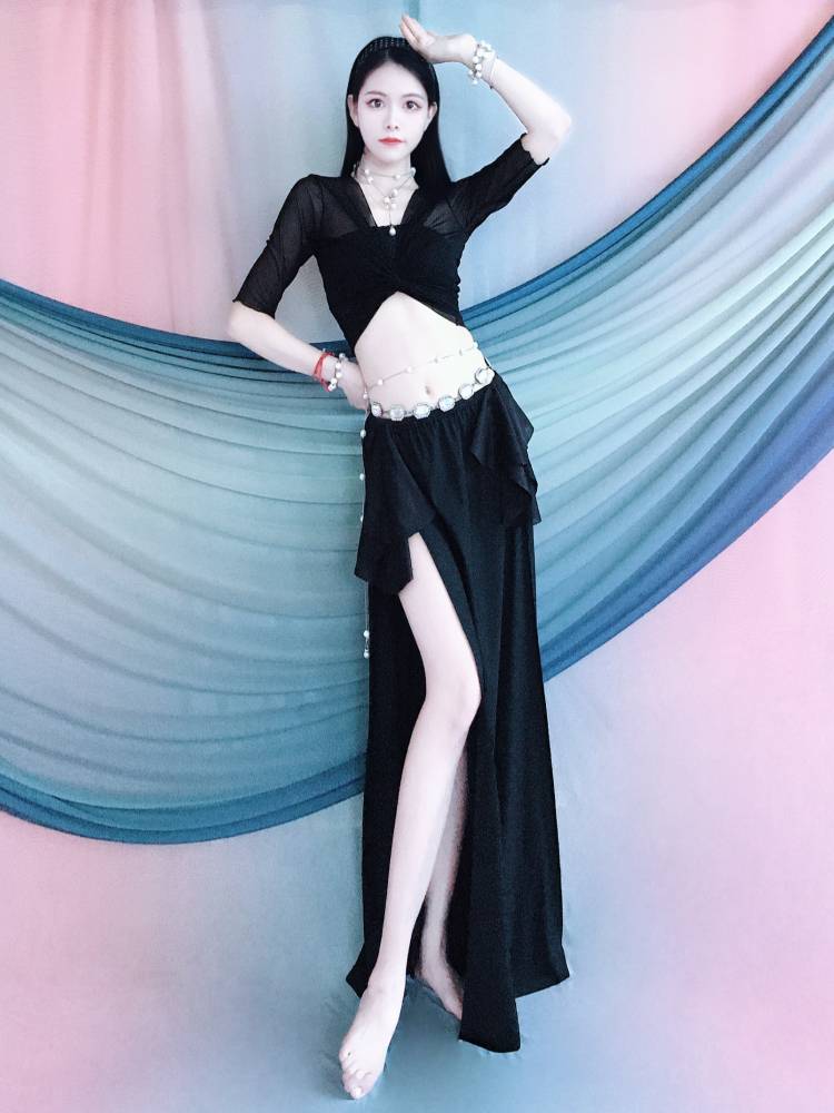 Belly Dance exercise service 2024 spring and summer new black strap long skirt set dance performance service children