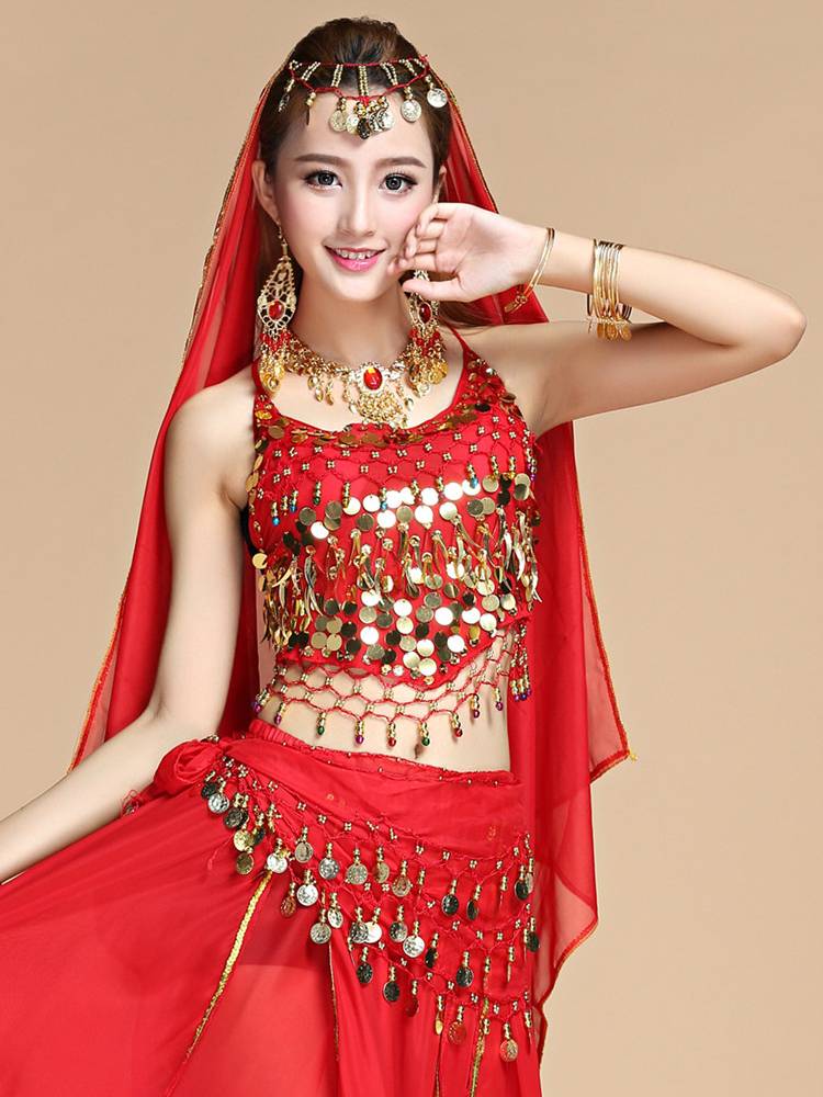 The new belly dance set performance suit shows the Indian dance uniforms on the top of the chili pepper color bell belly pista female