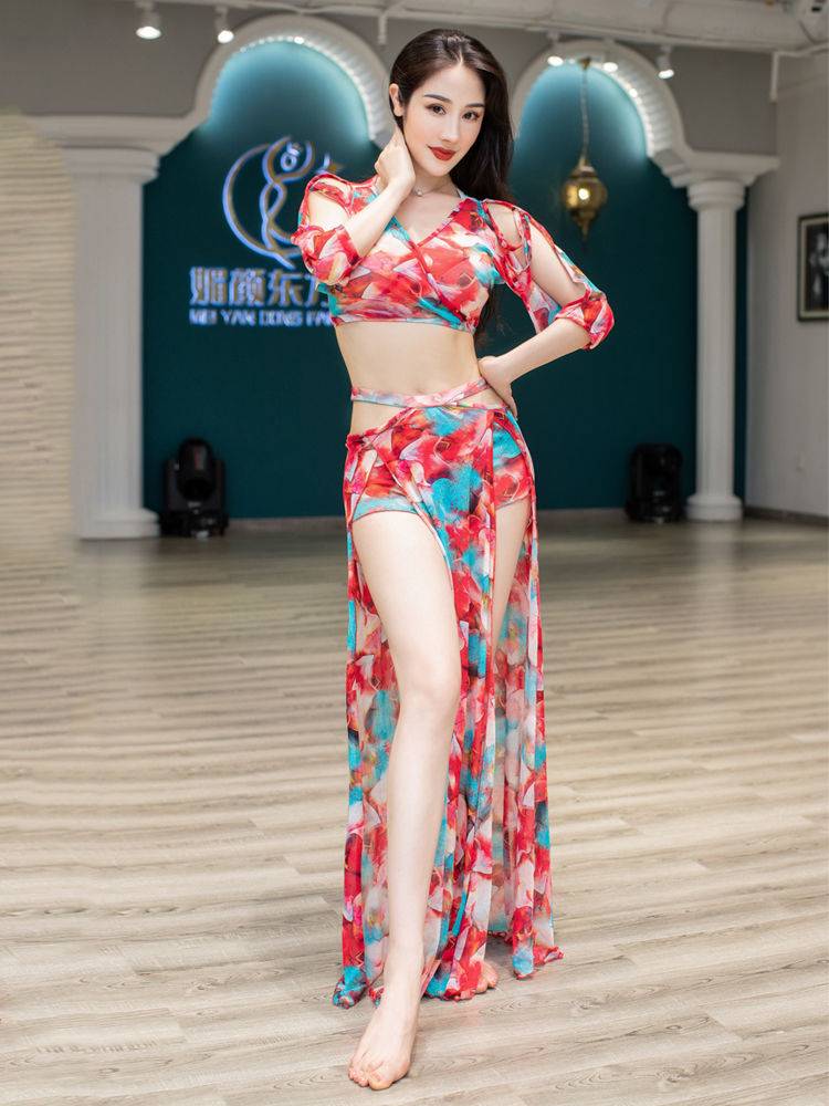Belly dance service female 2024 new net celebrity, the same medium sleeve sexy high -end mesh practice service performance service