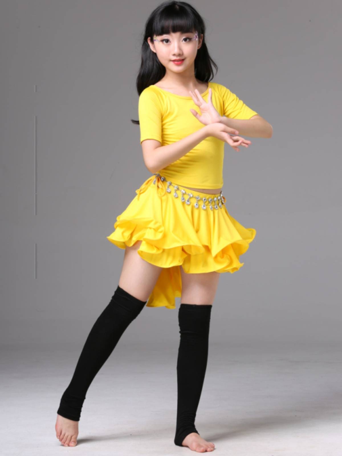 Baiya Qianhui Children's Performance Server Belly Dance Server Summer Circles round -line short -sleeved dystroponic skirt practice suit