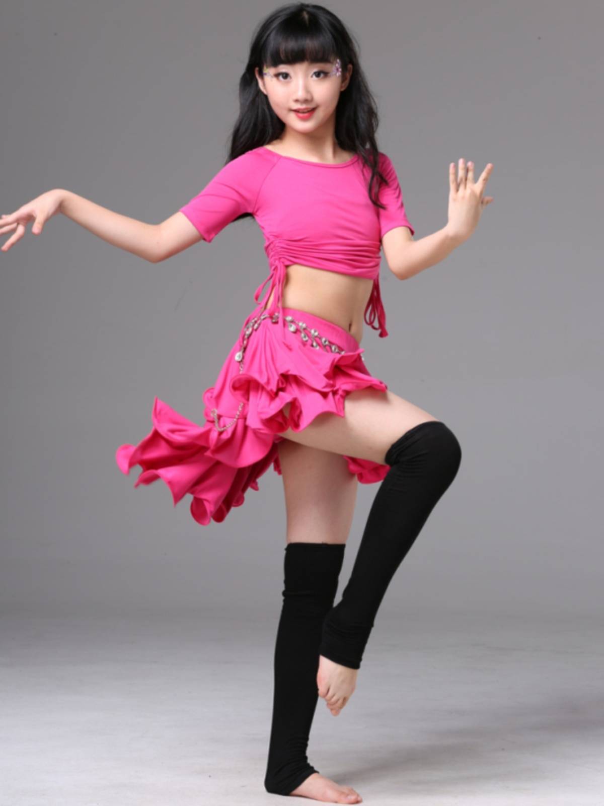Baiya Qianhui Children's Performance Server Belly Dance Server Summer Circles round -line short -sleeved dystroponic skirt practice suit