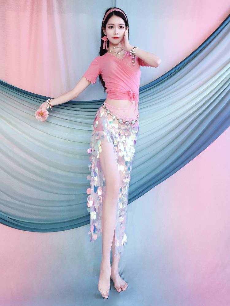 Belly Dance 2024 New Set Tibetan Top Tiblings Flashing Beads Hip Scarf Sexy Oriental Dance Practice Performance Service