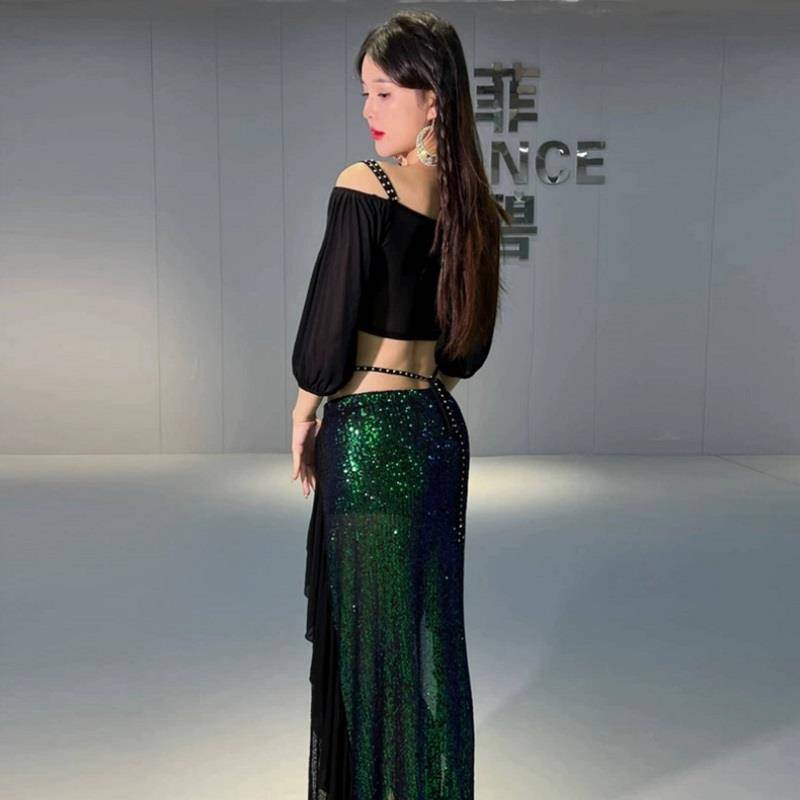 Belly Dance Clothing Female New Summer Performance Mermaid Net Mask Sequenant Practice Class Clothing Set
