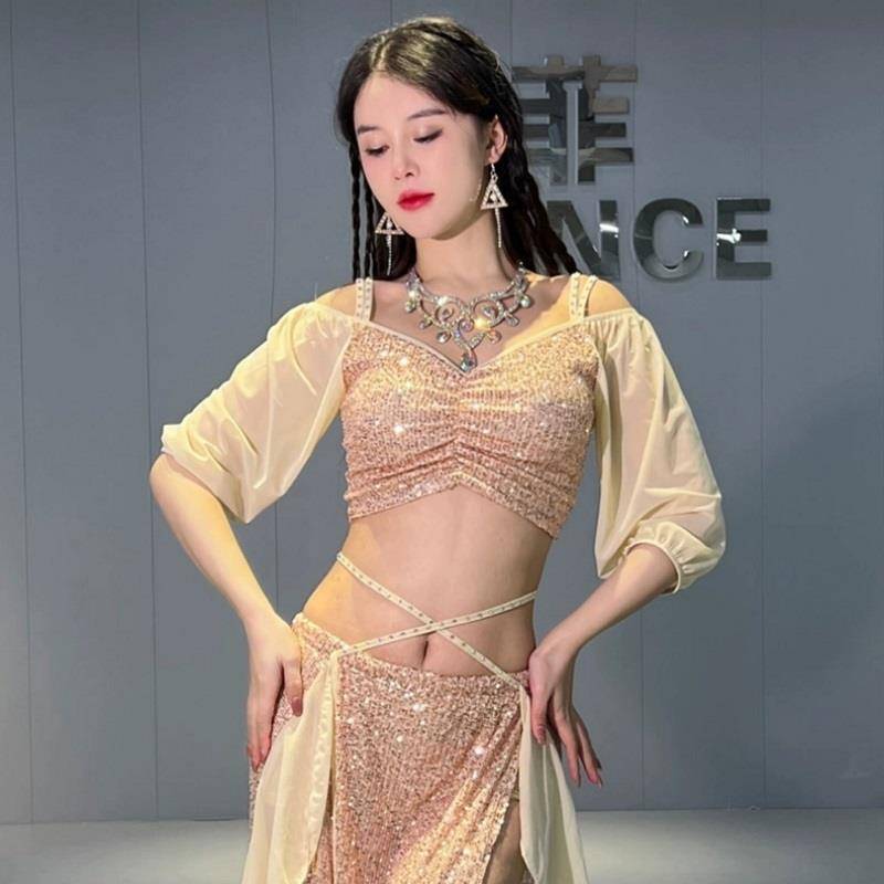 Belly Dance Clothing Female New Summer Performance Mermaid Net Mask Sequenant Practice Class Clothing Set
