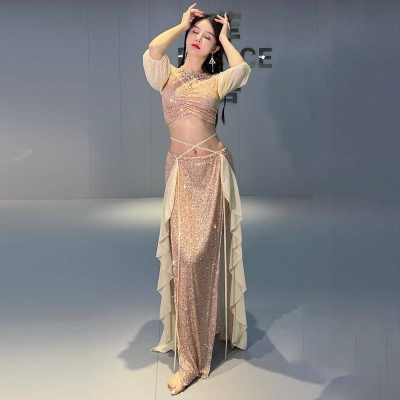 Belly Dance Clothing Female New Summer Performance Mermaid Net Mask Sequenant Practice Class Clothing Set