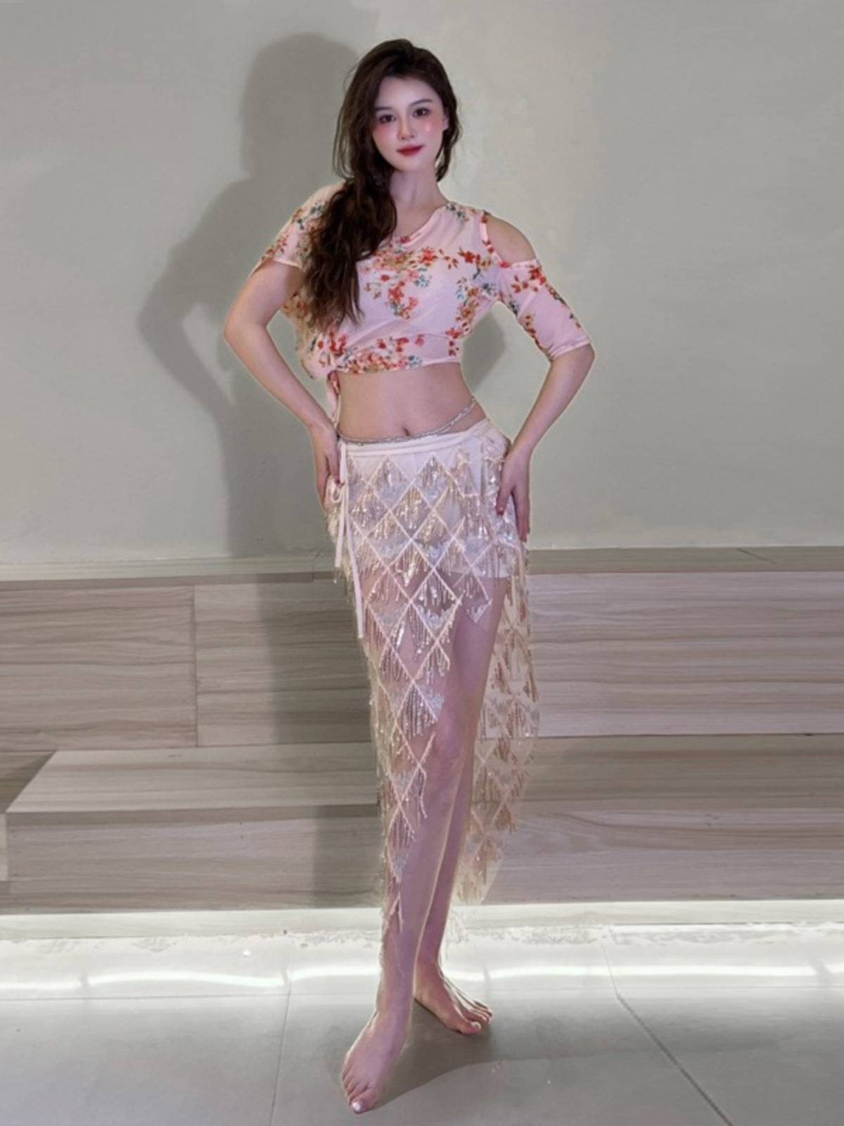 Belly dance practice service high -end set Oriental dance junior scholar big size performance service Indian dance open hip hip towel skirt