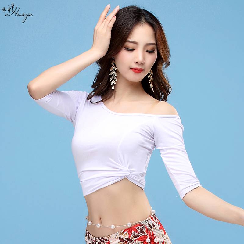 Belly dance clothing sexy oblique shoulder Modal top women's middle sleeve strap beginner exercise uniforms are thin
