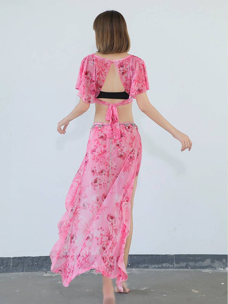 Net yarn belly dance training suit suit skirt Oriental dance performance clothes Fairy elegant stage performance service fresh back