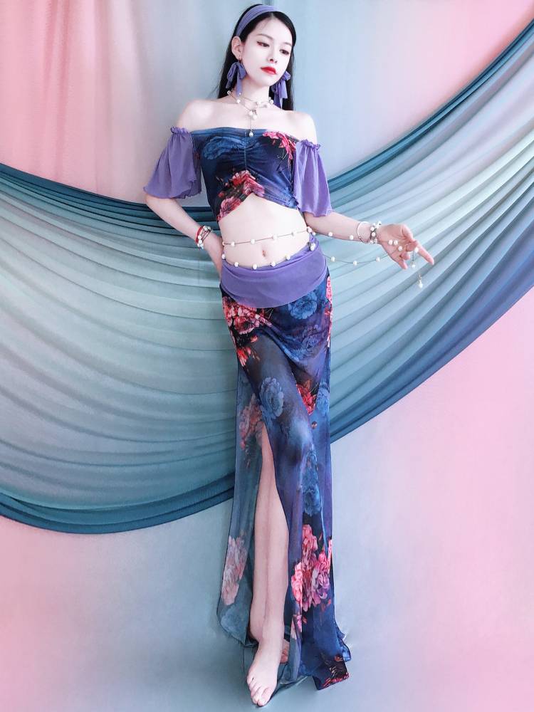 2024 summer new printed belly dance long skirt set training service uniform water yarn showing thin class service show children