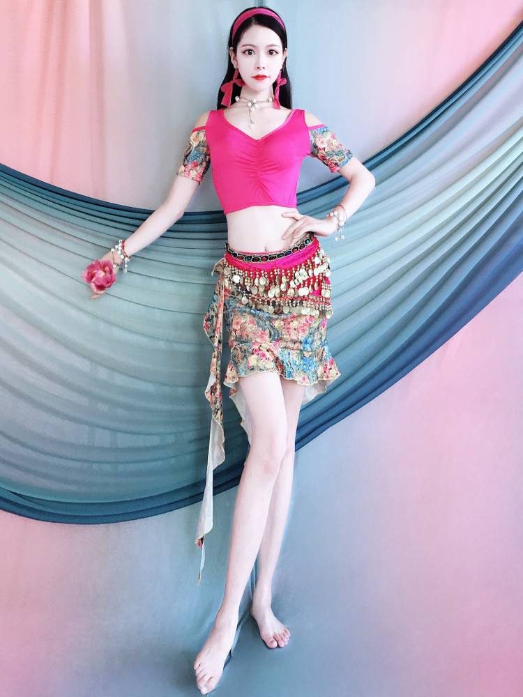Belly dance practice suit set new rose red off -the -shoulder top printing ribbon lotus leaf skirt group exercise uniform