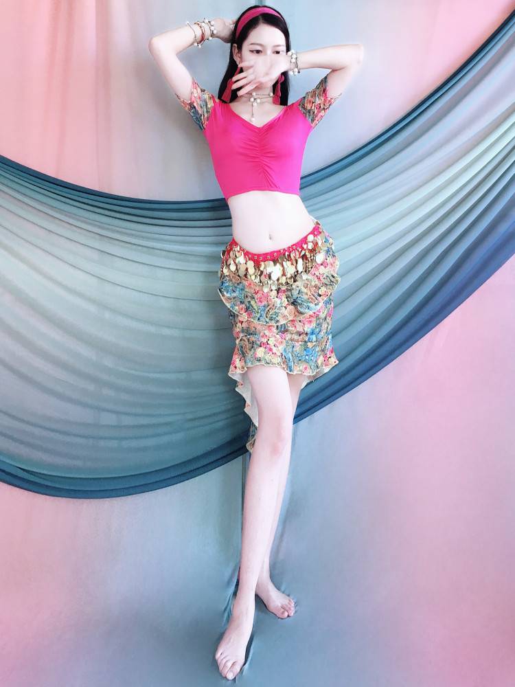 Belly dance practice suit set new rose red off -the -shoulder top printing ribbon lotus leaf skirt group exercise uniform
