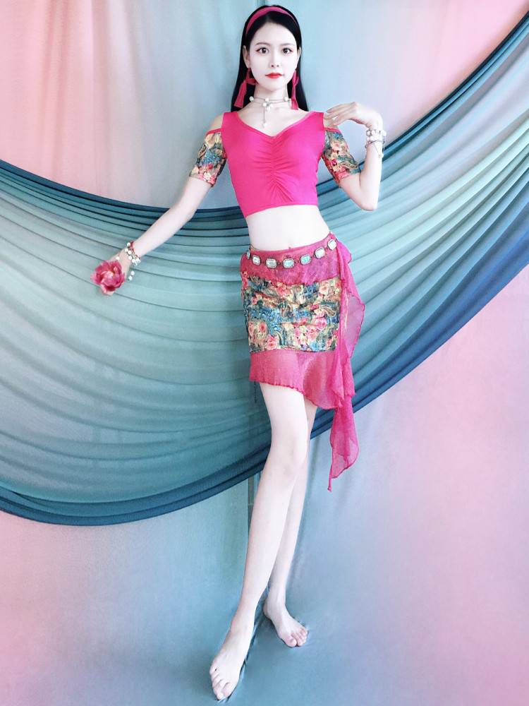 Belly dance practice suit set new rose red off -the -shoulder top printing ribbon lotus leaf skirt group exercise uniform