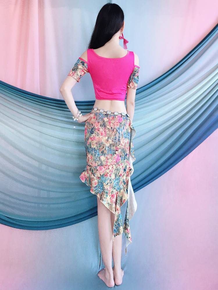 Belly dance practice suit set new rose red off -the -shoulder top printing ribbon lotus leaf skirt group exercise uniform