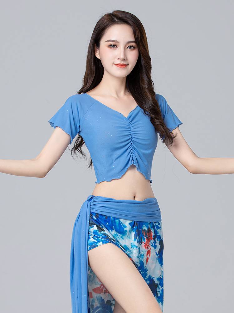 Belly dance shirt sexy revealing belly mesh flash point High -quality elasticity Modern exercises Modern exercises Extraordinary dance on the summer