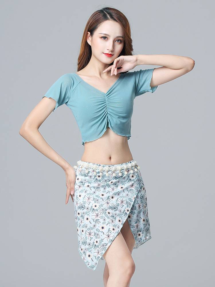 Belly dance shirt sexy revealing belly mesh flash point High -quality elasticity Modern exercises Modern exercises Extraordinary dance on the summer