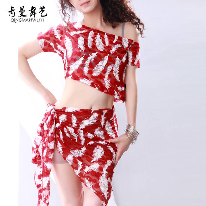 Belly dance clothing new exercise summer short -sleeved lace air -breathable skirt triangular scarf flower color hip scarf red
