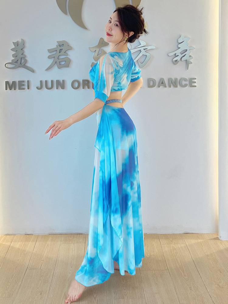 Oriental dance original niche design fashion belly dance clothing female tie dyeing summer net yarn training suit