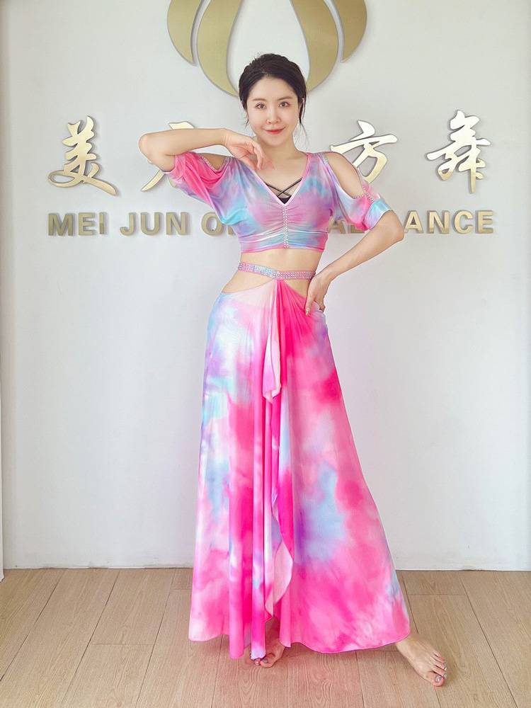 Oriental dance original niche design fashion belly dance clothing female tie dyeing summer net yarn training suit