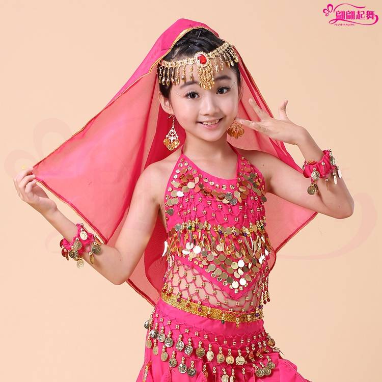 Children's belly dance head gauze, child Indian dance performance bracelet ear ring chain top, children's veil